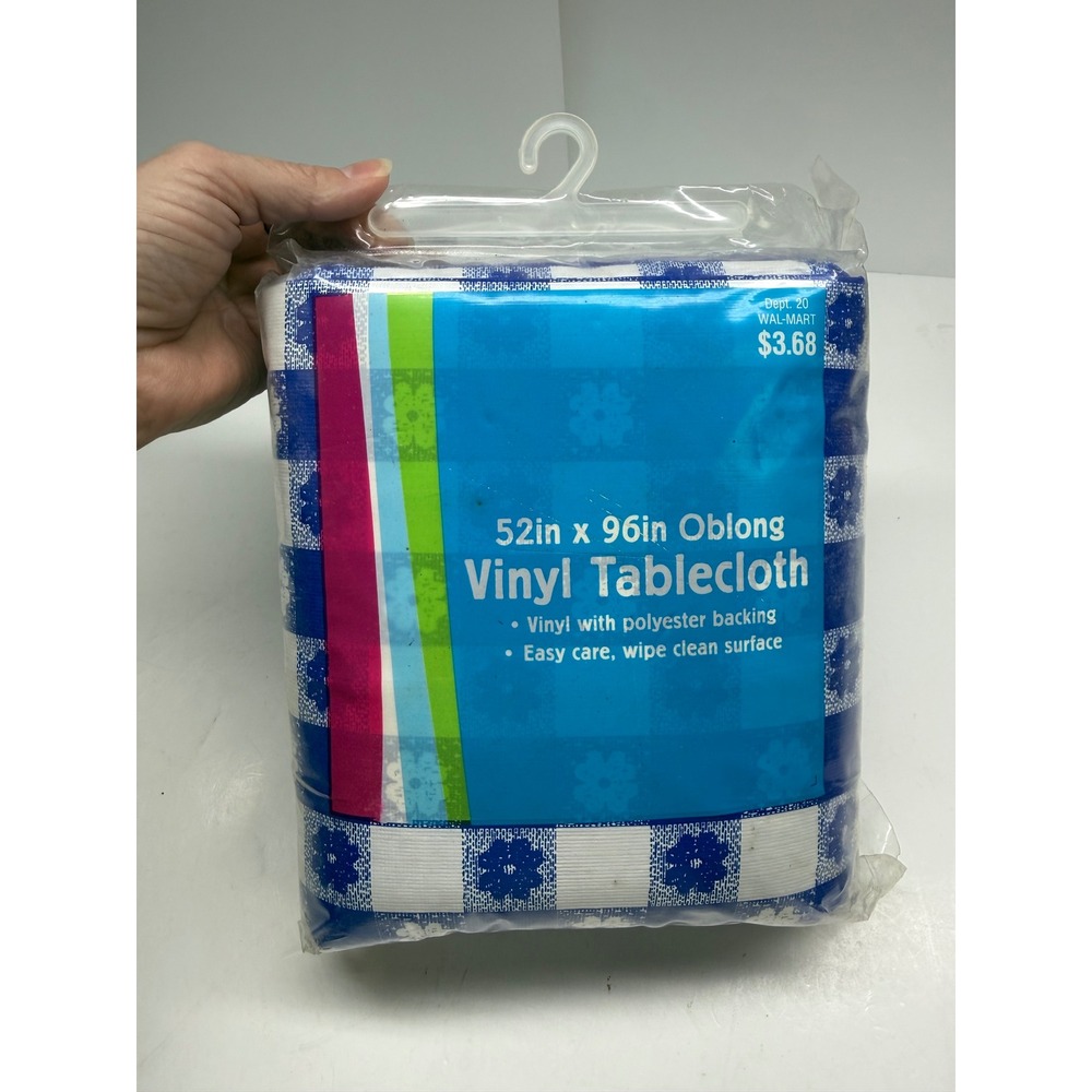 VIN Walmart Tavern Check Blue Blaze Vinyl Tablecloth 52x96 Oblong Gingham NEW